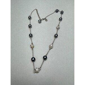 Nolan Miller Grey Pearl & Crystal Station Necklace Silver Tone Adjustable